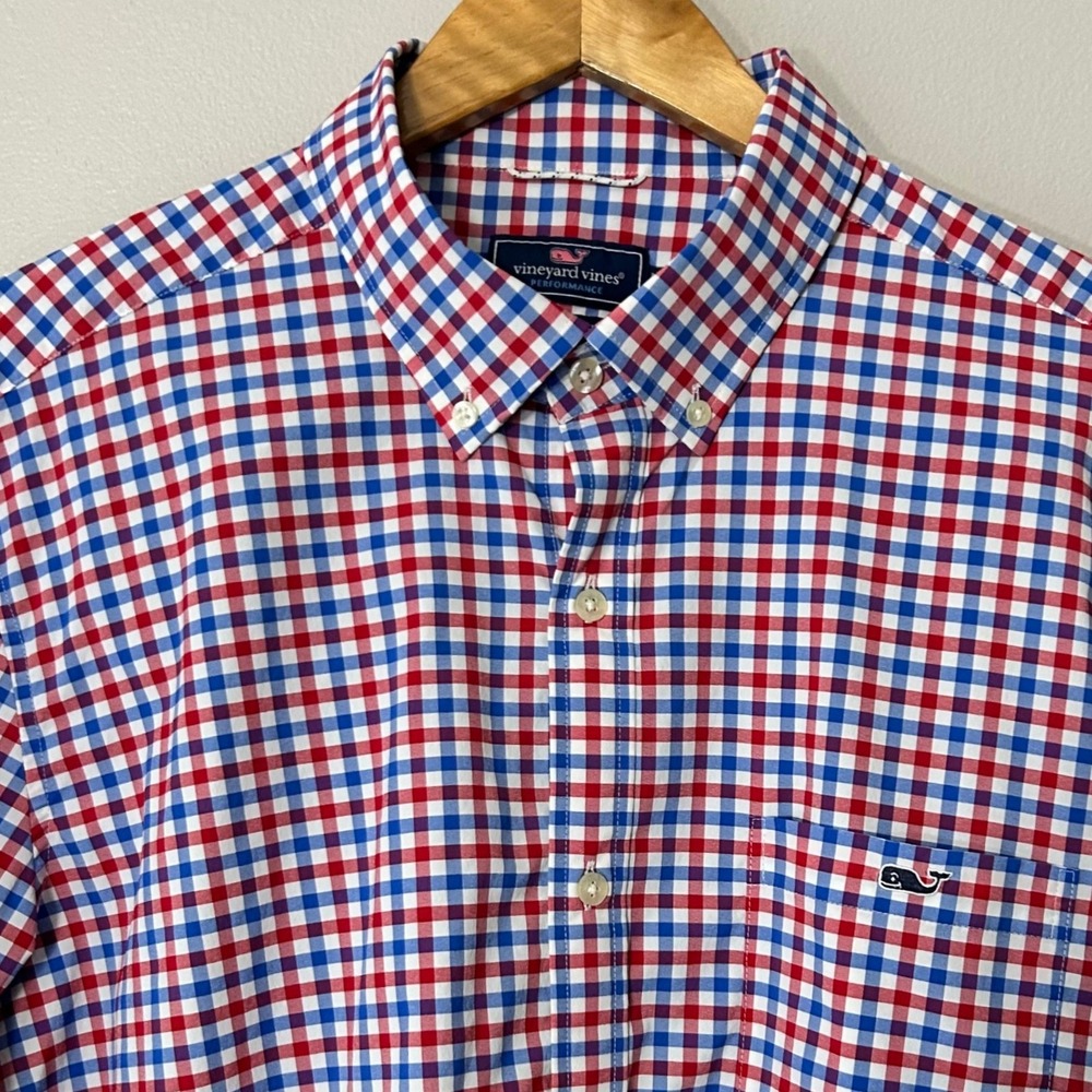 Vineyard Vines Tucker Shirt Mens XL Red Blue Gingham Performance Classic Fit